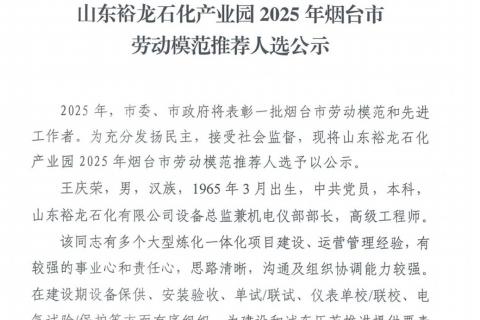 山东裕龙石化产业园 2025 年烟台市劳动模范推荐人选公示}